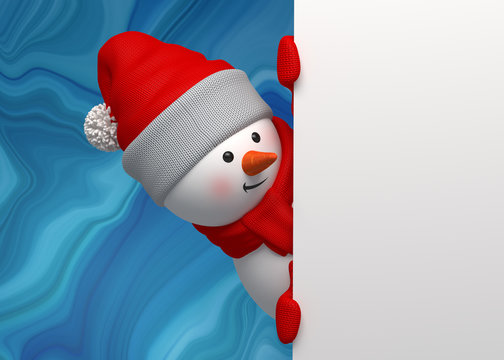 3d render, digital illustration, snowman banner, Christmas card, blank banner, red holiday background