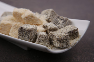 Turkish delight.  Oriental sweets in white plate.