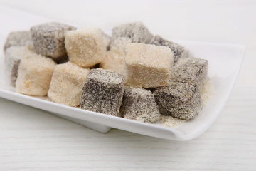 Turkish delight.  Oriental sweets in white plate.
