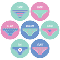 Days of the week woman panties set. Calendar concept