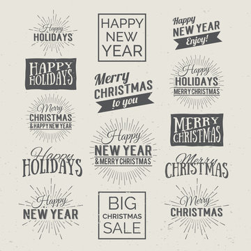 Merry Christmas and Happy New Year Calligraphic Design Label on grunge background. Holidays lettering for invitation, greeting card, prints and posters. Typographic design. Vector illustration.