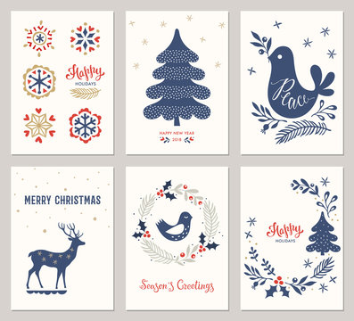 Merry Christmas and Happy Holidays card templates with New Year tree, deer, snowflakes, dove, bird and wreath. Vector illustration.