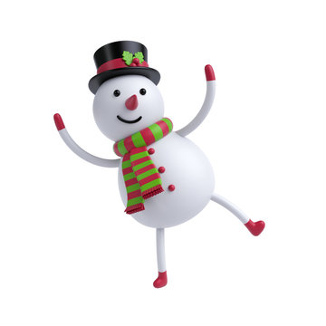 3d render, digital illustration, funny snowman dancing, Christmas toy, holiday clip art isolated on white background