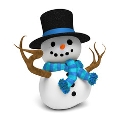 smiling happy snowman with glittery hat and a blue striped scarf  (3D illustration isolated on a white background)