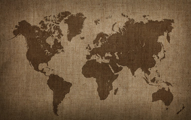 Brown world map on old vintage flax linen canvas