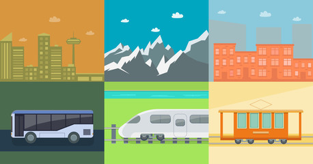 Naklejka premium Set of flat public transport on the background of mountains and town houses. Posters for the sale of tickets for the tram, train and bus. Vector illustration