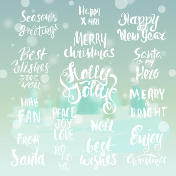 Collection of Christmas lettering on winter blurred background. Handwritten greetings.