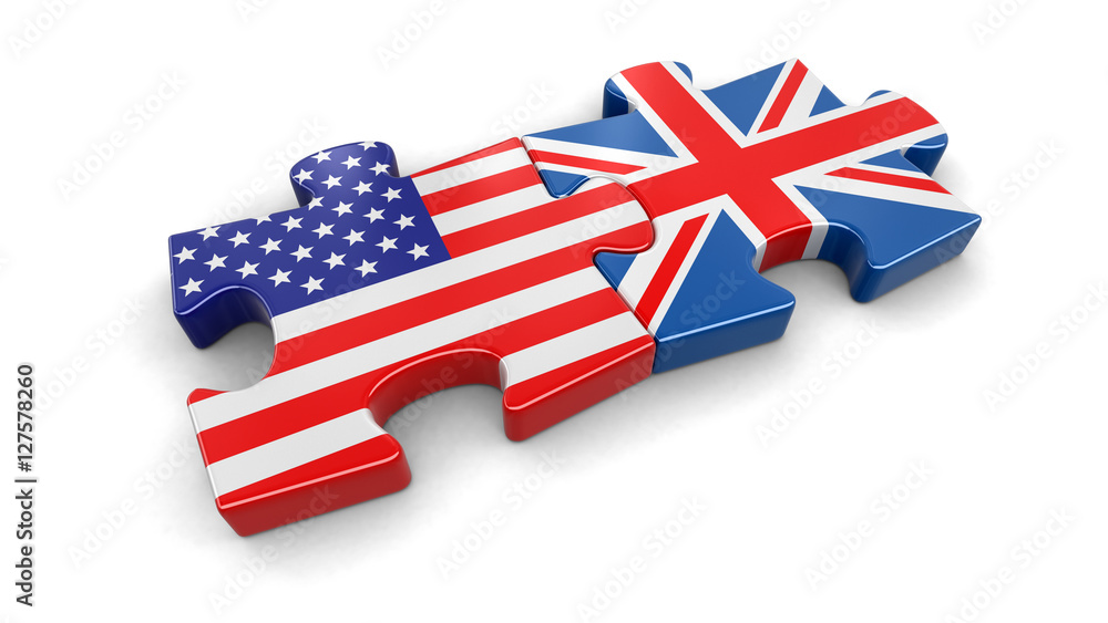 Poster usa and uk puzzle from flags. image with clipping path