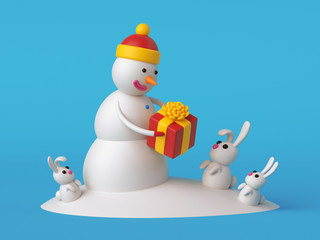 3d cartoon characters, snowman holding gift box, bunnies, rabbits, funny winter scene, isolated on blue background, Christmas greeting card