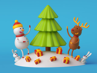 3d snowman and deer decorating fir tree, festive Christmas blue background, holiday greeting card