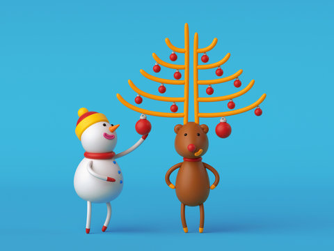 3d cartoon characters, snowman decorating deer horns, funny Christmas tree, isolated on blue background, holiday greeting card