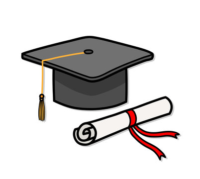 Graduation Cap Diploma Hat Education. A hand drawn vector cartoon illustration of a graduation cap and a diploma.