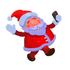 Vector isolated illustration happy Santa Claus makes selfie in colorful flat style on a white background. Cartoon Santa Claus for your Christmas and New Year greeting design.