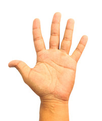 Man hand showing the five fingers isolated on a white background