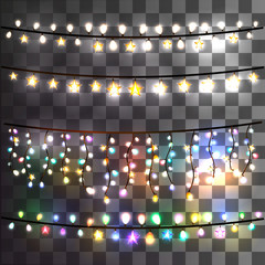 Festive lights garland on a transparent background. All light effects isolated and grouped.