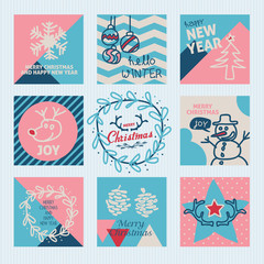 Christmas and New Year hand drawn greeting cards set. Vector illustrations for greeting cards, website and mobile banners, marketing material.Flyers and Banner Designs. Vector illustration.