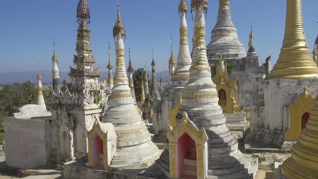 Shwe Inn Thein Paya temple complex near Inle Lake in central Myanmar (Burma), panorama 4k
