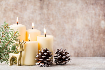 Christmas candles and lights. Christmas background.