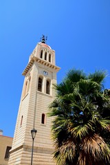 View of the cathedral bell tower (Megalos Antonios church), Rethymno, Crete, Greece