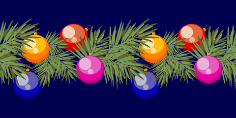 Seamless pattern of Christmas balls toys on the branches of a tree.Vector illustration.