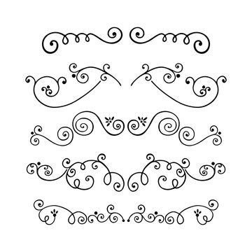 Set of swirl hand drawn text dividers vector. Decorative line border isolated on white background. Unique dividers.