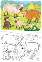 Cute farm animals. Family of cute sheep.Coloring book. Coloring page. Funny cartoon characters