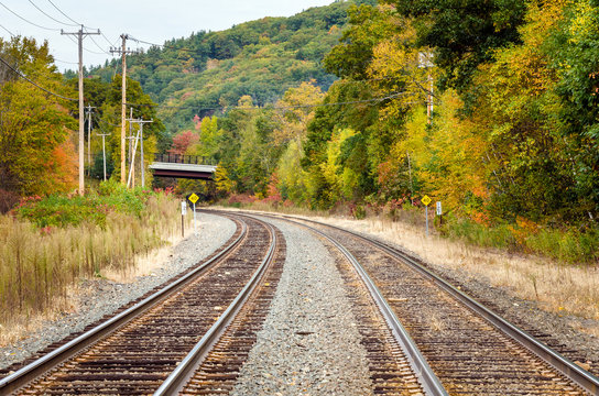 Curving Parallel Railroad Tracks on an Autumn Day