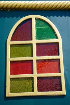 Colourful Galleon ship window, Rethymno, Crete, Greece.