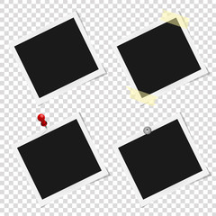 Set of realistic vector photo frames on sticky tape, pins and rivets. Template photo design, Vector illustration