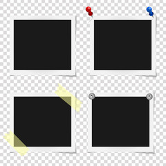 Set of realistic vector photo frames on sticky tape, pins and rivets. Template photo design, Vector illustration