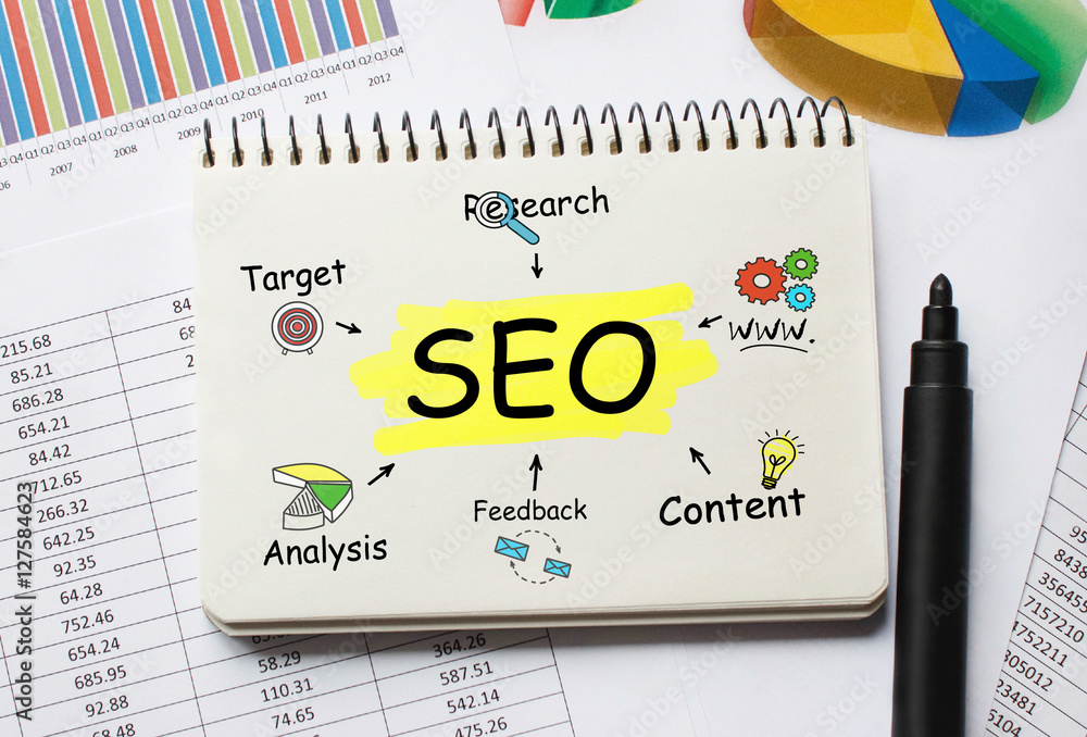 Poster notebook with tolls and notes about seo