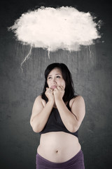 Pregnant woman worried something with bubble cloud