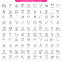 One Hundred Thin Line Icons Set Of Commerce And Shopping. 100 Linear style icons. Web Elements Collection