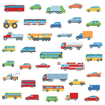 Set Of Cartoon Flat Design Car, Bus and Truck Icons. Isolated Vector Illustration