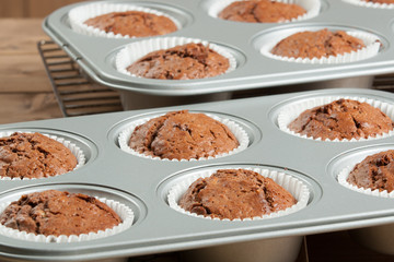 Homebaked Muffins With Chocolate, Banana, Coconut In Baking Tray