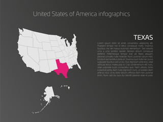 United States of America, aka USA or US, map infographics template. 3D perspective dark theme with pink highlighted Texas, state name and text area on the left side.
