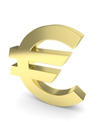 Isolated golden euro sign on white background. European currency. Concept of investment, european market, savings. Power, luxury and wealth. 3D rendering.
