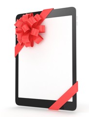 Black tablet with red bow and empty screen. 3D rendering.