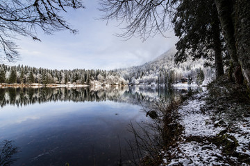 first snow at the mountain lake