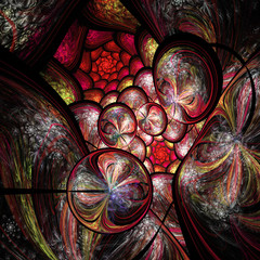 Fantasy crystals. Abstract multicolored figures on black background. Computer-generated fractal in rose, red, yellow, white and brown colors.