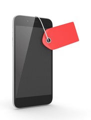 Smart phone with red price tag on white background. Identification, price, label. 3D rendering.