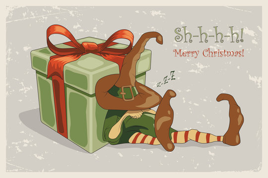 Retro christmas illustration with sleeping elf, huge gift box and Merry Christmas text. Vector illustration.