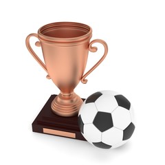 Isolated bronze cup with ball on white background. Soccer and football. Third place trophy. Game and competition. 3D rendering
