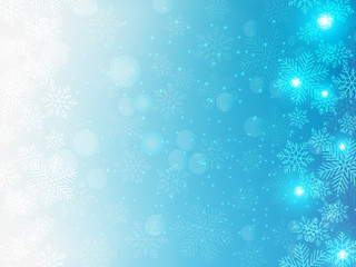 Christmas background with blue and white snowflakes in various styles. Abstract Vector Illustration.