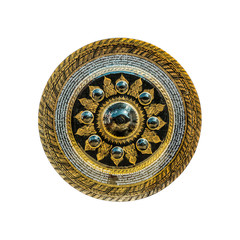 Thai Buddhist design on large vintage nipple gong. It is isolated on white background.