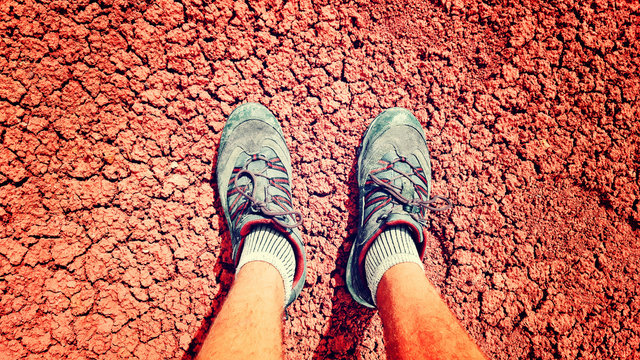 Legs in sneakers of man standing on cracked ground during summer