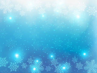 Christmas background with blue and white snowflakes in various styles. Abstract Vector Illustration.