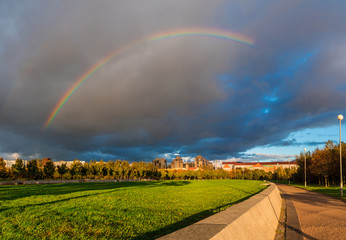 Rainbow above the Park of the 300th anniversary of St. Petersburg, Russia.