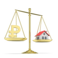 Isolated golden scales with golden rouble and house on white background. Investment or savings concept. Real estate and currency. 3D rendering.