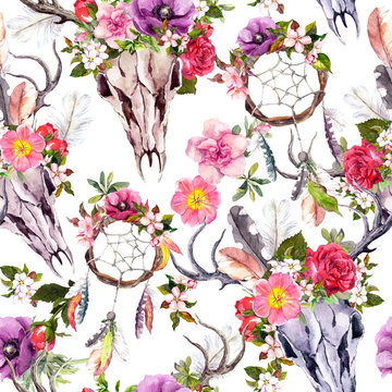 Deer skulls, flowers, dream catchers - dreamcatcher. Seamless pattern. Watercolor